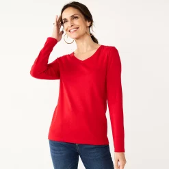 Petite Croft & Barrow® Essential Long-Sleeve V-Neck Top
