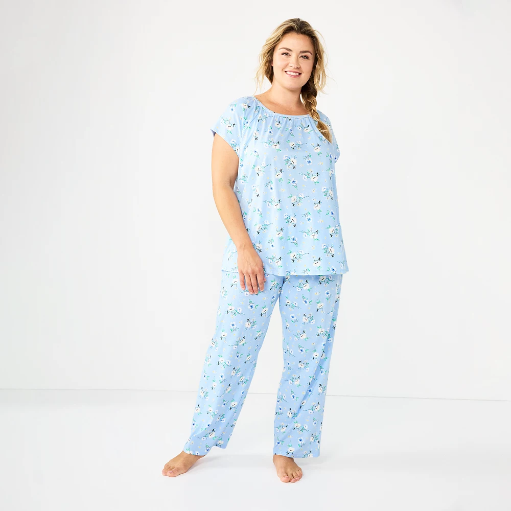 Plus Size Croft & Barrow® Short Sleeve Pajama Top & Pajama Pants Cotton Sleep Set - Image 3
